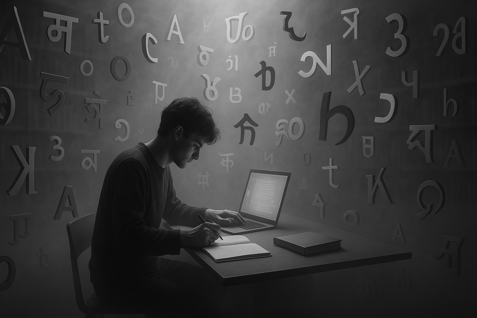 A surreal black-and-white image of a person learning a language at a floating desk in a vast, foggy library. Ghostly letters and symbols from different alphabets drift in the air around them, creating an atmosphere of deep concentration and mystery.