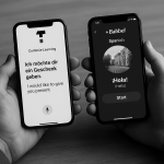 Black and white photo of two hands holding smartphones side by side, representing a visual comparison of the user experience in the Taalhammer and Babbel language learning apps.