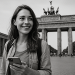 A black-and-white photo of a confident traveler standing in Berlin, with the Brandenburg Gate in the background, using a phone — symbolizing fluency in German through a language learning app.