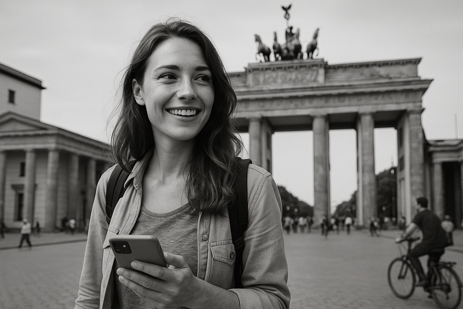 A black-and-white photo of a confident traveler standing in Berlin, with the Brandenburg Gate in the background, using a phone — symbolizing fluency in German through a language learning app.