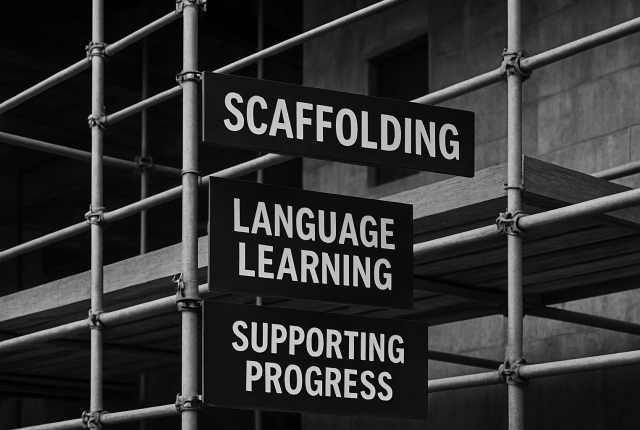 Black and white photograph of scaffolding structure symbolizing layered language learning, progress, and fluency development.