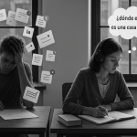 Black and white ultra-realistic photo of a bright, modern study room with two learners at separate desks. One is overwhelmed by floating flashcards and digital notifications. The other is focused, wearing headphones, writing full sentences in a notebook. Books, a coffee cup, and a glowing timer are on the desk. Thought bubbles with connected foreign language phrases hover above. The image contrasts distracted memorization with immersive, structured language learning.