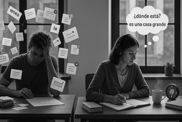 Black and white ultra-realistic photo of a bright, modern study room with two learners at separate desks. One is overwhelmed by floating flashcards and digital notifications. The other is focused, wearing headphones, writing full sentences in a notebook. Books, a coffee cup, and a glowing timer are on the desk. Thought bubbles with connected foreign language phrases hover above. The image contrasts distracted memorization with immersive, structured language learning.