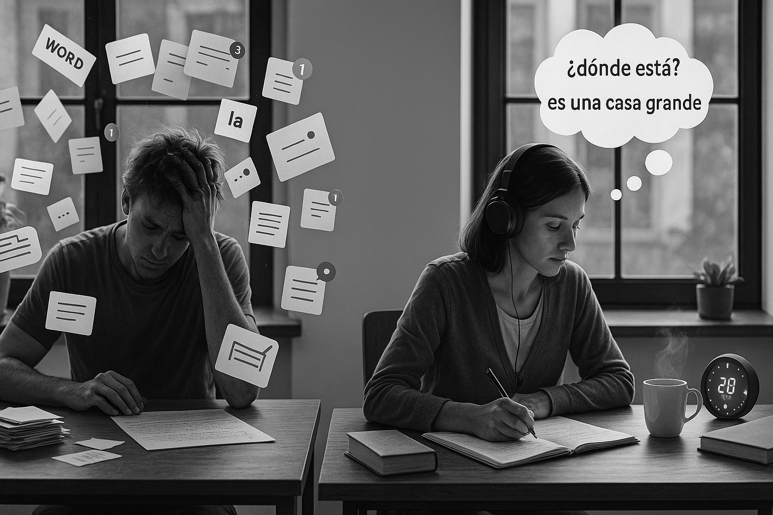 Black and white ultra-realistic photo of a bright, modern study room with two learners at separate desks. One is overwhelmed by floating flashcards and digital notifications. The other is focused, wearing headphones, writing full sentences in a notebook. Books, a coffee cup, and a glowing timer are on the desk. Thought bubbles with connected foreign language phrases hover above. The image contrasts distracted memorization with immersive, structured language learning.