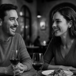 Two relaxed adults speaking confidently over dinner and wine in a cozy café, captured in black and white. The scene conveys comfort, connection, and fluent conversation because they both use language learning app to help them learn.