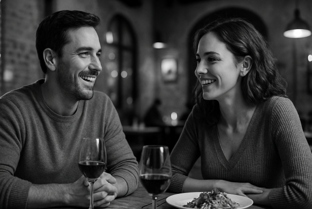 Two relaxed adults speaking confidently over dinner and wine in a cozy café, captured in black and white. The scene conveys comfort, connection, and fluent conversation because they both use language learning app to help them learn.
