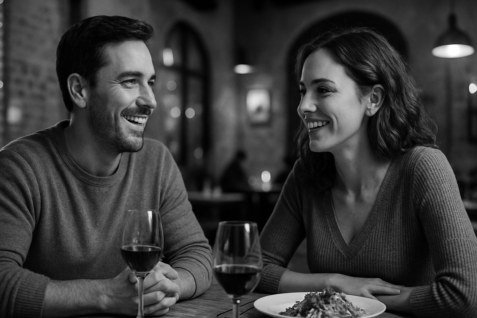 Two relaxed adults speaking confidently over dinner and wine in a cozy café, captured in black and white. The scene conveys comfort, connection, and fluent conversation because they both use language learning app to help them learn.
