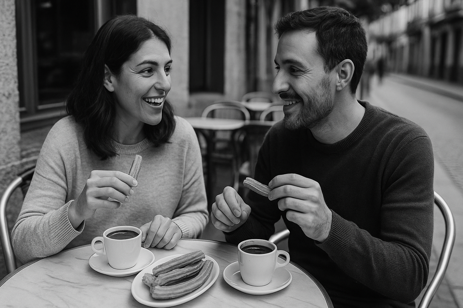 A black and white photo of a man and a woman sitting at an outdoor café table, smiling and talking while eating churros and drinking hot chocolate, with empty chairs and a quiet street in the background. They are able to communicate because they use language learning app.