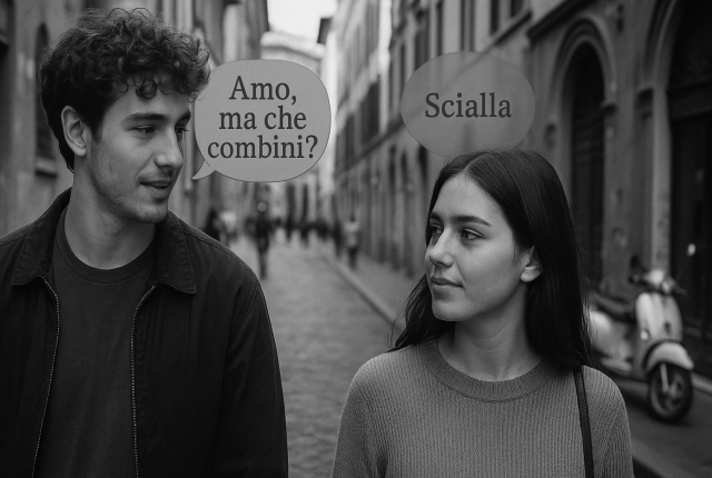 Czarno-białe zdjęcie młodego chłopaka i dziewczyny idących ulicą we włoskim mieście; chłopak mówi „Amo, ma che combini?”, dziewczyna odpowiada „Scialla” – w realistycznych, szarych dymkach.