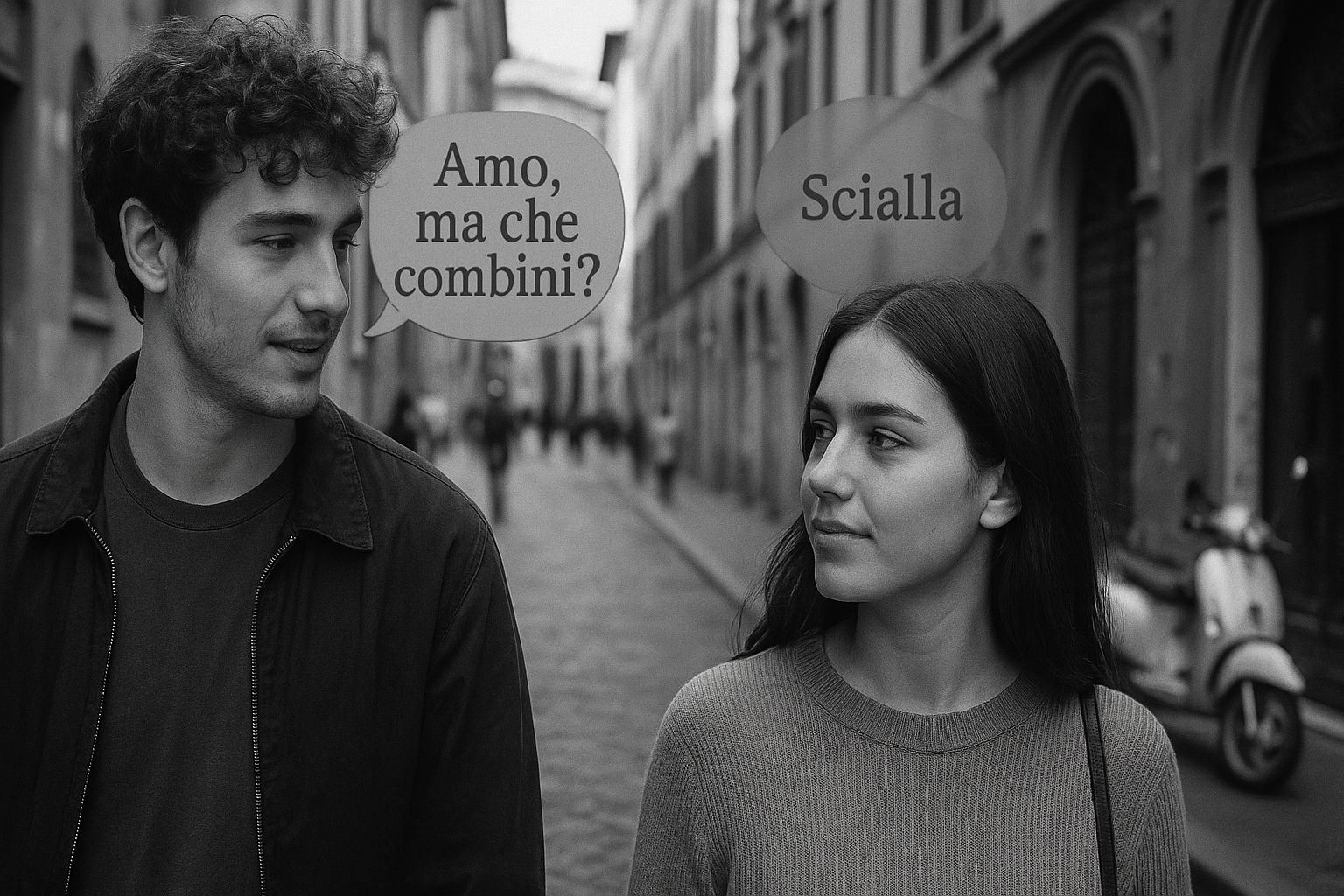 Czarno-białe zdjęcie młodego chłopaka i dziewczyny idących ulicą we włoskim mieście; chłopak mówi „Amo, ma che combini?”, dziewczyna odpowiada „Scialla” – w realistycznych, szarych dymkach.