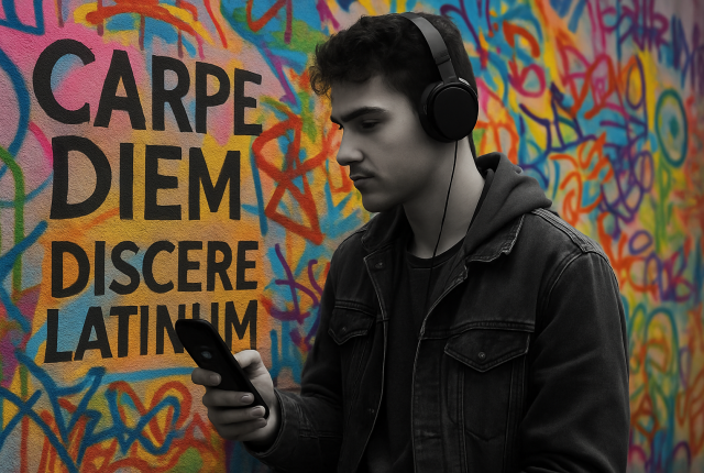 A young man with headphones stands against a graffiti-covered wall, holding a smartphone and looking at the screen. The man and his clothing are in black and white, while the graffiti behind him is brightly colored with abstract shapes and vibrant shades of blue, red, orange, yellow, and green. The wall features large black text reading “CARPE DIEM DISCERE LATINUM.”