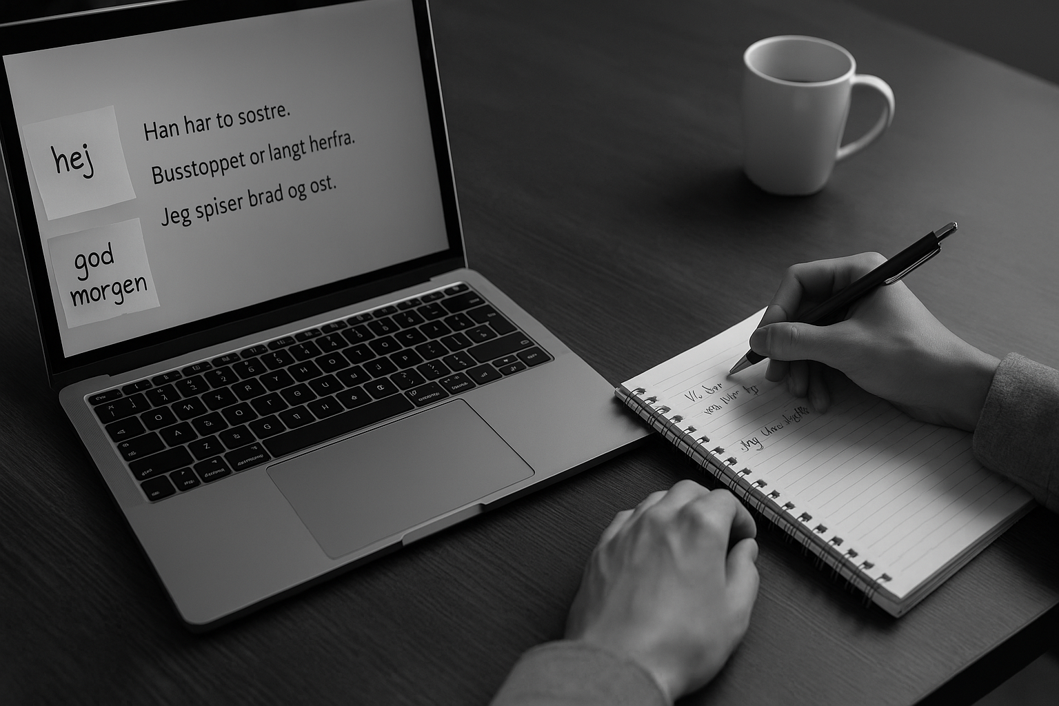 Student studying Scandinavian languages with full-sentence notes on laptop and notebook, black-and-white realistic photo.