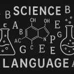 Black and white 16:9 illustration combining chemistry symbols and floating letters, representing the link between science and language learning.