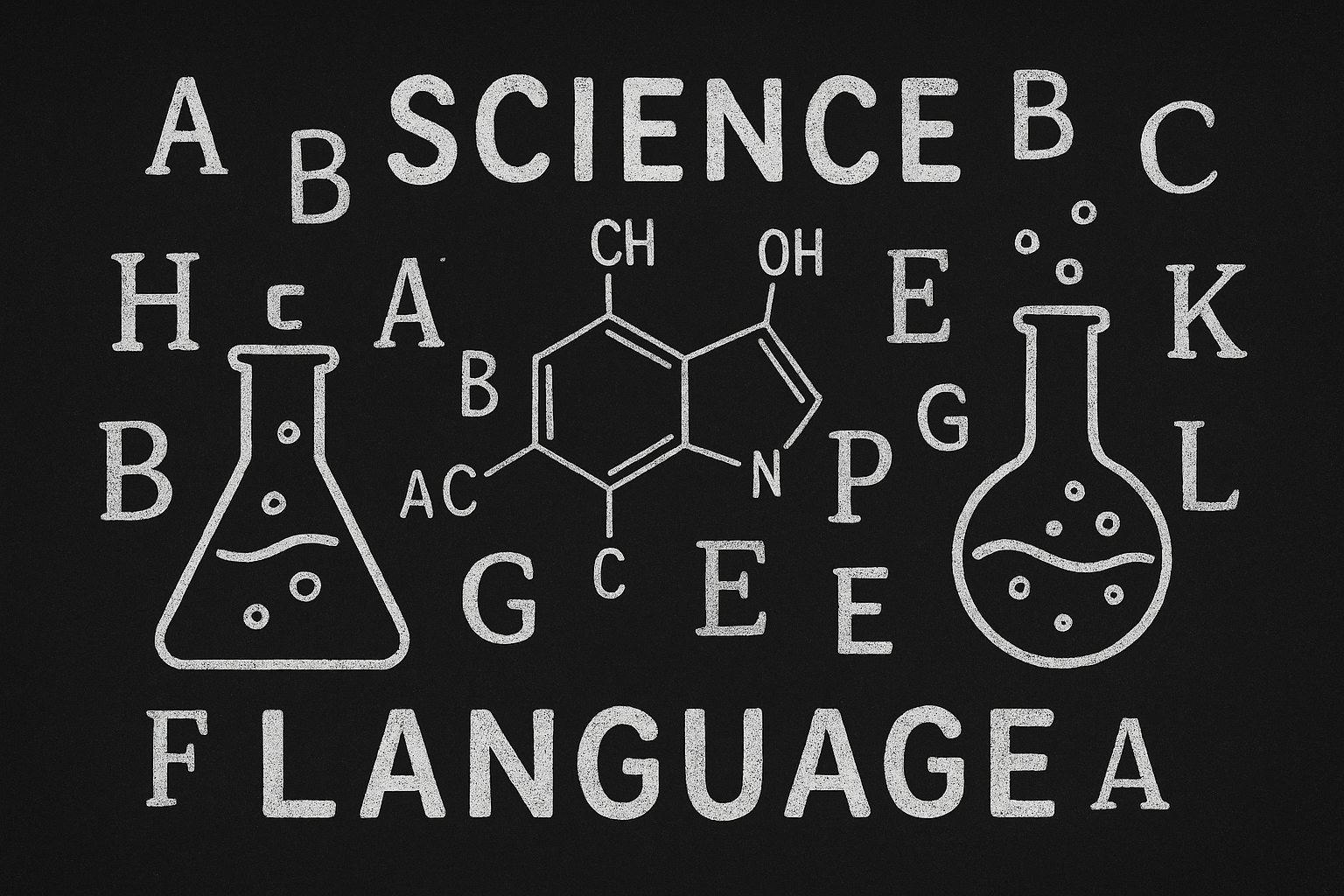 Black and white 16:9 illustration combining chemistry symbols and floating letters, representing the link between science and language learning.