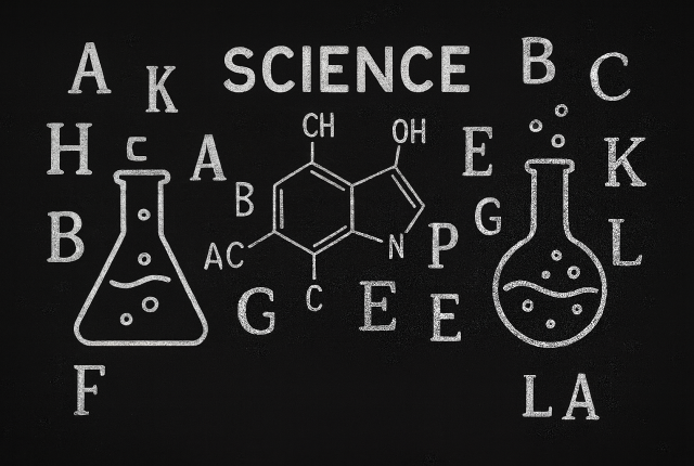 Czarno-biała ilustracja 16:9 łącząca symbole chemiczne i pływające litery, reprezentująca związek między nauką a nauką języków.