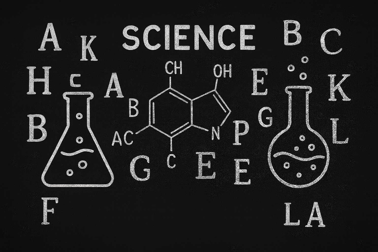 Czarno-biała ilustracja 16:9 łącząca symbole chemiczne i pływające litery, reprezentująca związek między nauką a nauką języków.