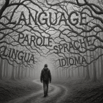 A black-and-white ultrarealistic 16:9 image of a solitary traveler walking along a winding forest road. The tree branches above are twisted into surreal shapes that form actual words in different languages, creating an otherworldly and dreamlike atmosphere.