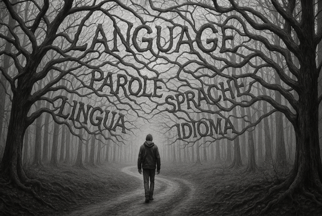 A black-and-white ultrarealistic 16:9 image of a solitary traveler walking along a winding forest road. The tree branches above are twisted into surreal shapes that form actual words in different languages, creating an otherworldly and dreamlike atmosphere.