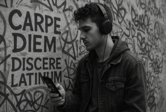 Black and white photo of a young man wearing headphones, leaning against a graffiti-covered wall with large Latin words 'CARPE DIEM' and 'DISCERE LATINUM' painted on it. He is looking at a glowing smartphone screen, symbolizing the modern way of learning Latin with the help of language learning app.