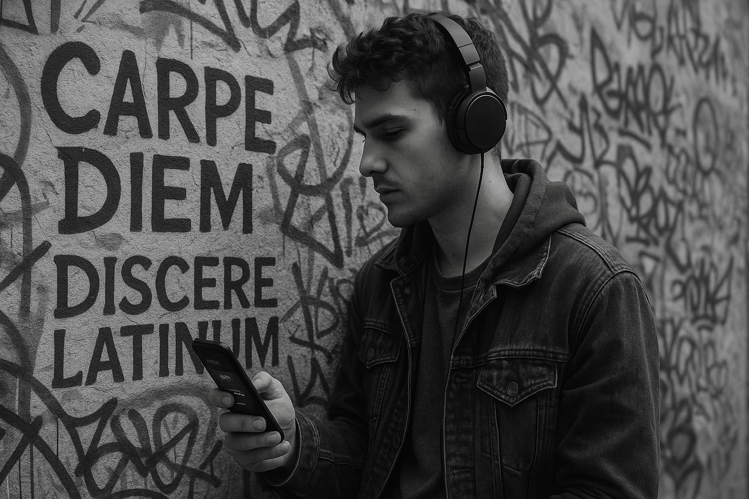Czarno-białe zdjęcie młodego mężczyzny w słuchawkach, opierającego się o ścianę pokrytą graffiti z dużymi łacińskimi słowami "CARPE DIEM" i "DISCERE LATINUM". Spogląda na świecący ekran smartfona, symbolizujący nowoczesny sposób nauki łaciny za pomocą aplikacji do nauki języka.
