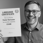A smiling man in glasses proudly holds up a language certificate in black and white, celebrating successful completion of an exam.