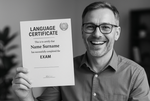 A smiling man in glasses proudly holds up a language certificate in black and white, celebrating successful completion of an exam.
