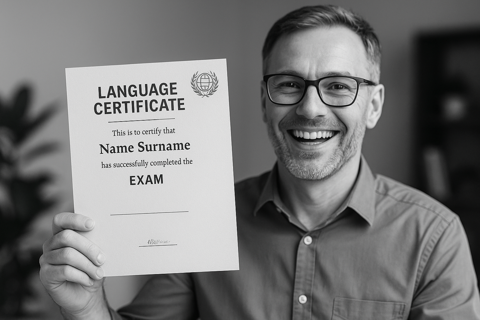 A smiling man in glasses proudly holds up a language certificate in black and white, celebrating successful completion of an exam.