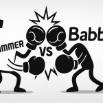 Black-and-white illustration showing the Taalhammer logo and the Babbel logo as cartoon figures with boxing gloves, facing each other in a fight stance with a bold “VS” between them, symbolizing competition between the two language learning apps.