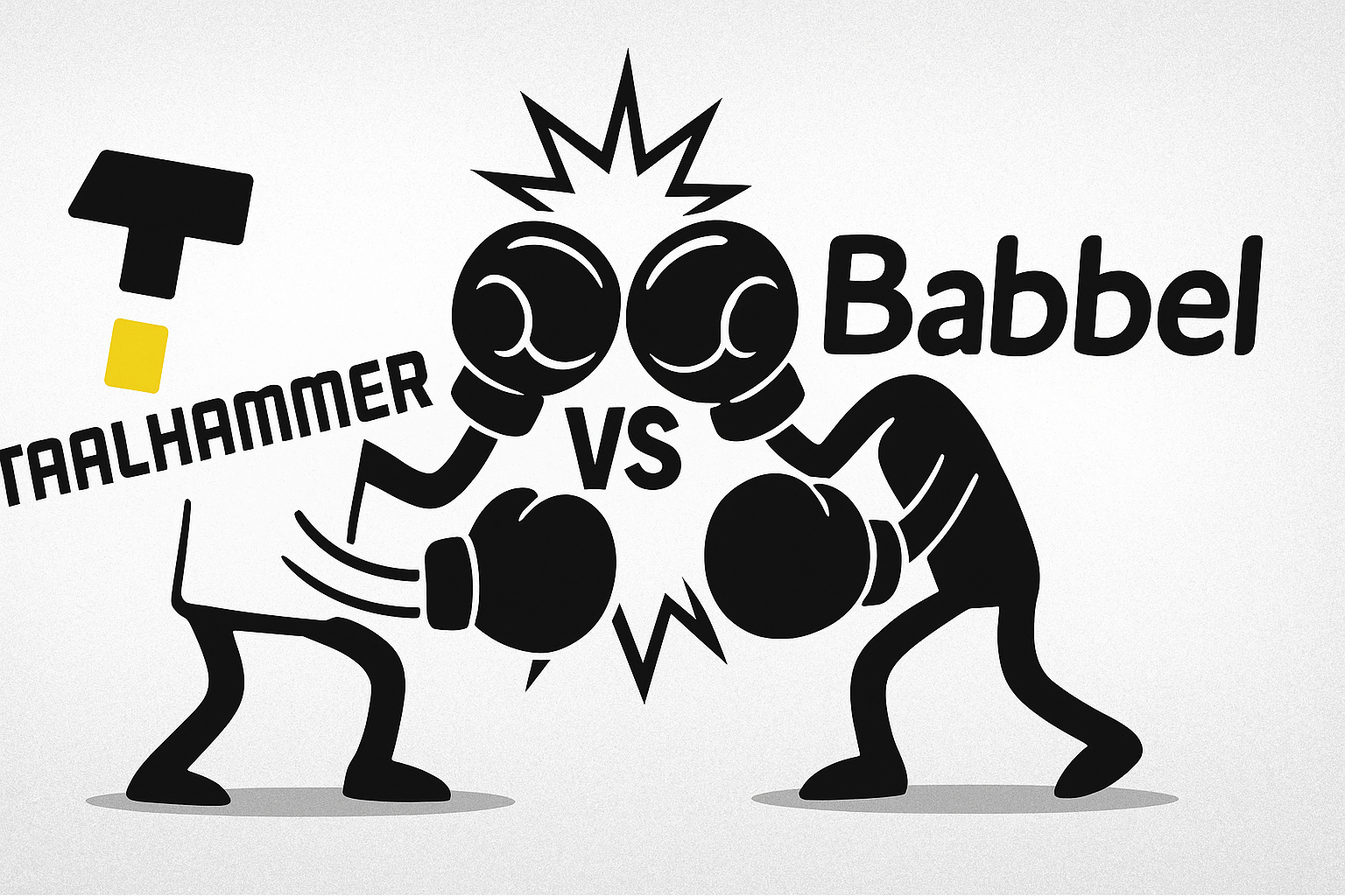 Black-and-white illustration showing the Taalhammer logo and the Babbel logo as cartoon figures with boxing gloves, facing each other in a fight stance with a bold “VS” between them, symbolizing competition between the two language learning apps.