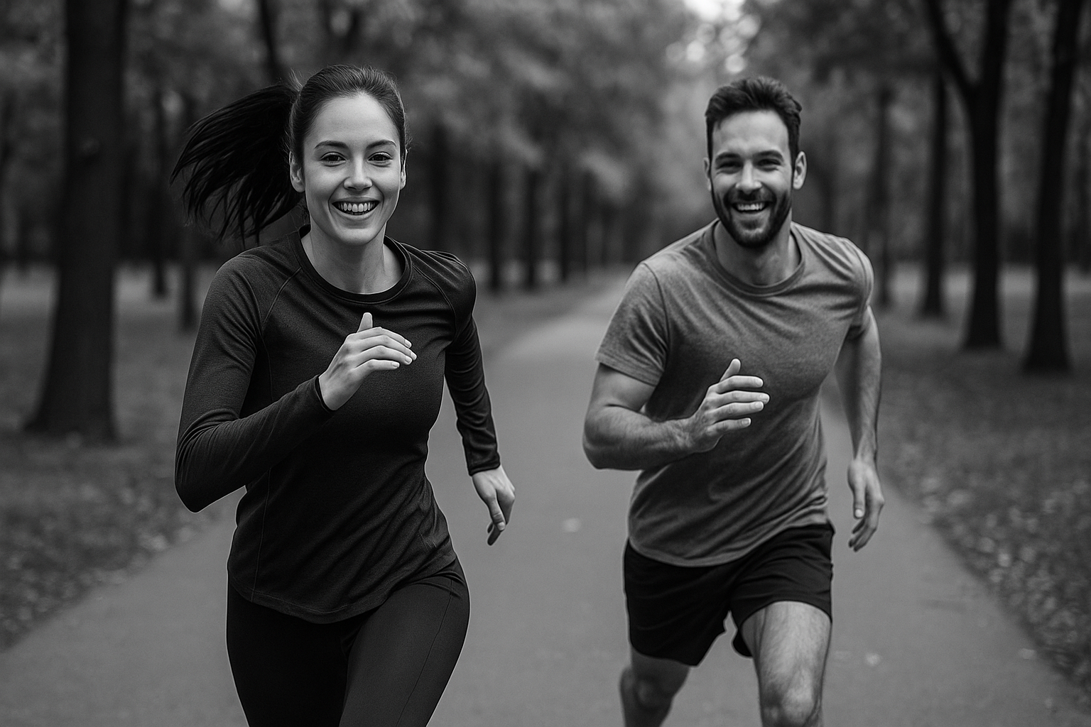 A black and white photo of two people running in a park. One runner is slightly ahead of the other, showing a friendly race with both moving at full stride on a tree-lined path.
