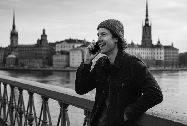 Czarno-białe zdjęcie filmowe młodej osoby opierającej się swobodnie o most Skeppsholmsbron w Sztokholmie, rozmawiającej przez telefon ze spokojną determinacją. W tle widoczna jest panorama Gamla Stan z wieżami kościołów i zabytkowymi budynkami, symbolizująca pewność siebie w nauce i mówieniu po szwedzku.