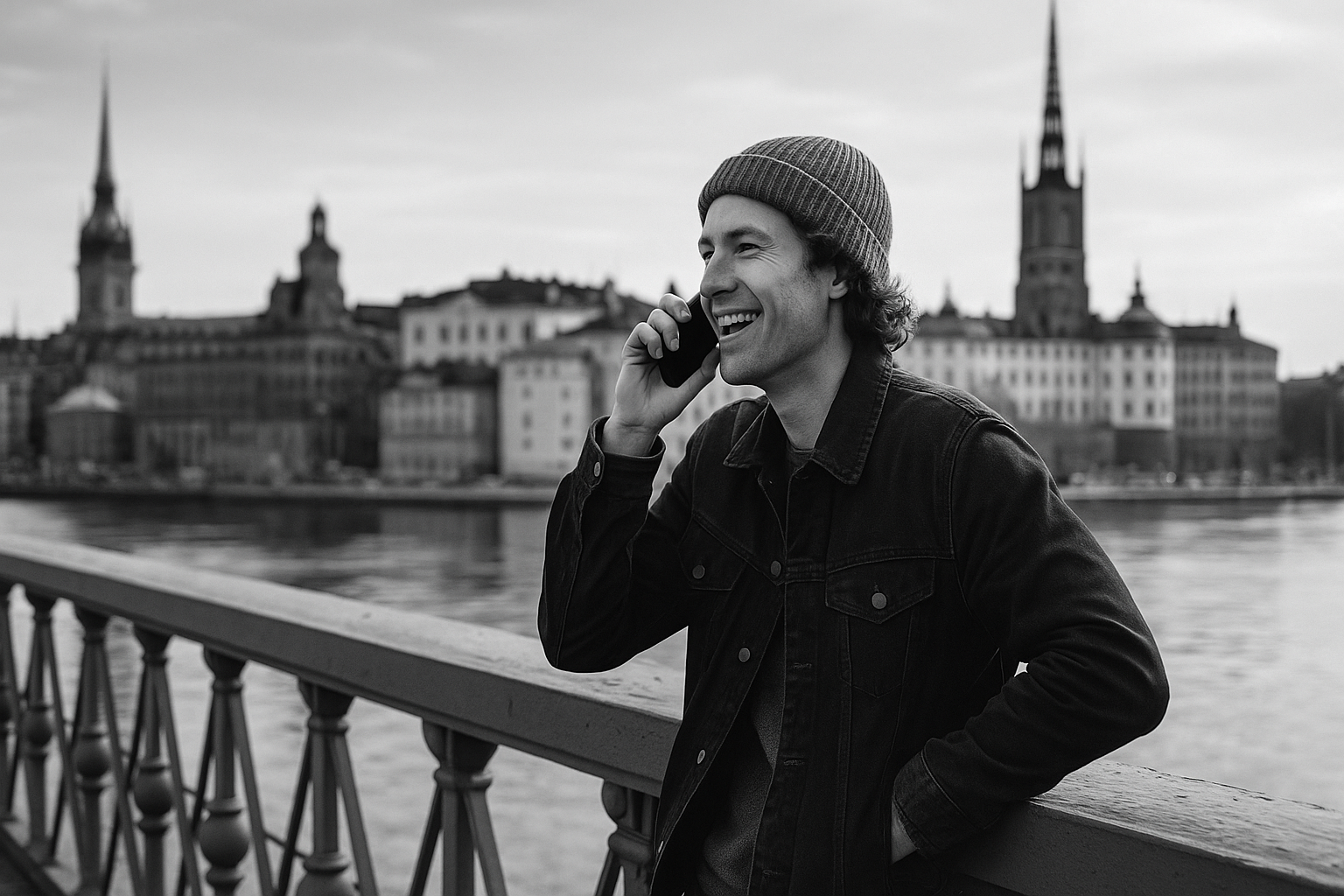 Black and white cinematic photo of a young person leaning casually on Skeppsholmsbron bridge in Stockholm, speaking into their phone with calm determination. In the background, the skyline of Gamla Stan with church towers and historic buildings is softly visible, symbolizing confidence in learning and speaking Swedish.