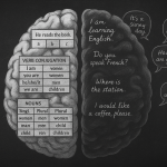 Split brain showing grammar rules on one side and full sentences on the other, representing Babbel vs Taalhammer in grammar learning.