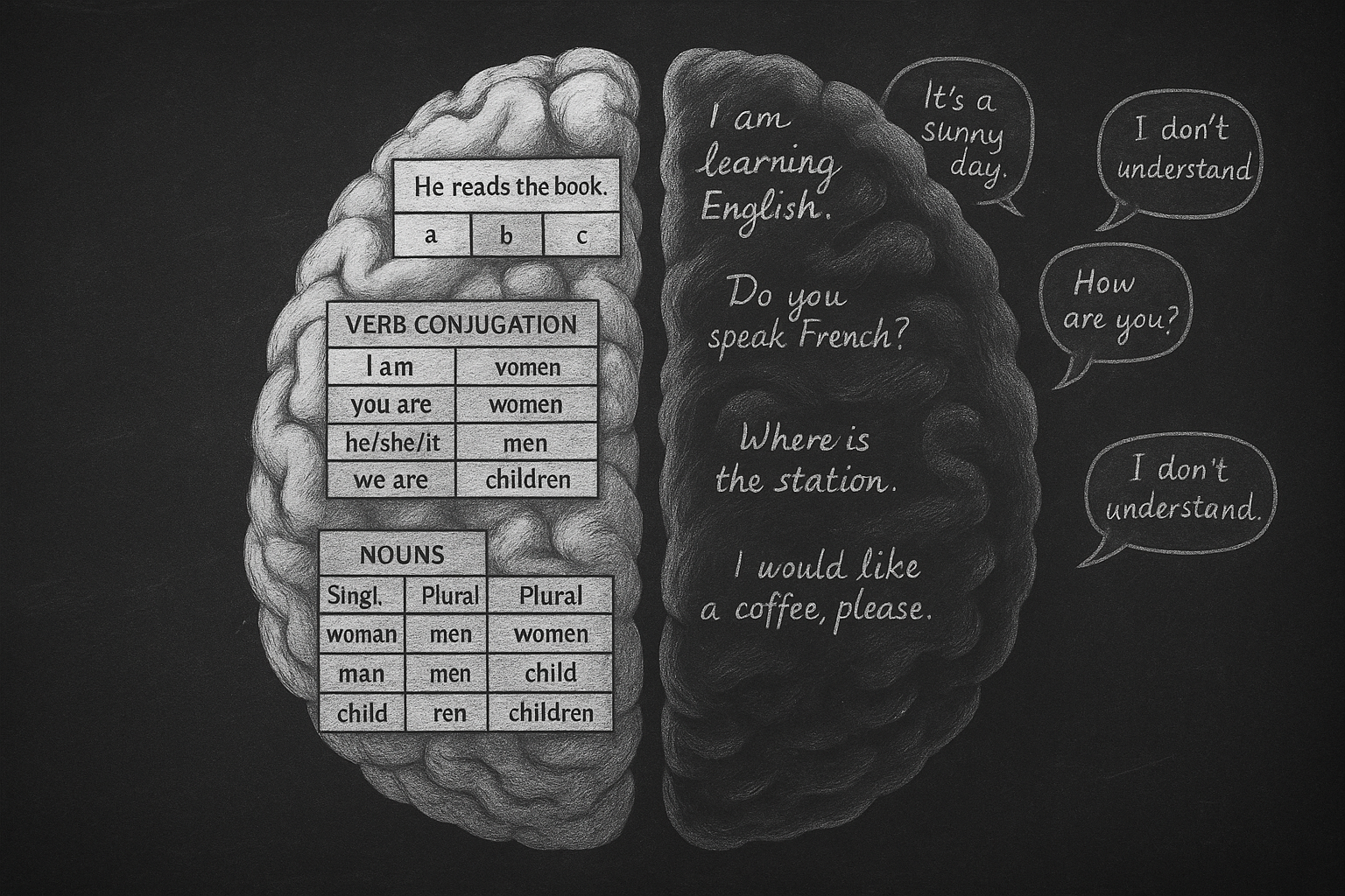 Split brain showing grammar rules on one side and full sentences on the other, representing Babbel vs Taalhammer in grammar learning.