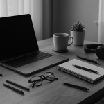 Black and white photo of a softly lit creative workspace with a laptop, open notebook, coffee cup, headphones, scattered pens, reading glasses, and a small plant on a desk by a sunlit window, creating a calm, lived-in atmosphere.