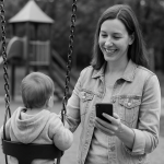 A mother juggling taking care of her baby and using a language learning app to learn a foreign language