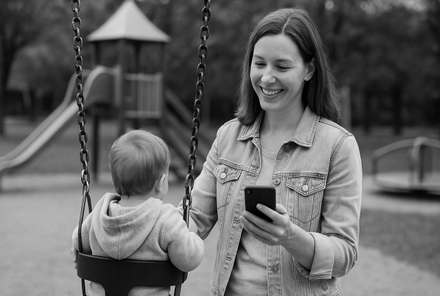 A mother juggling taking care of her baby and using a language learning app to learn a foreign language