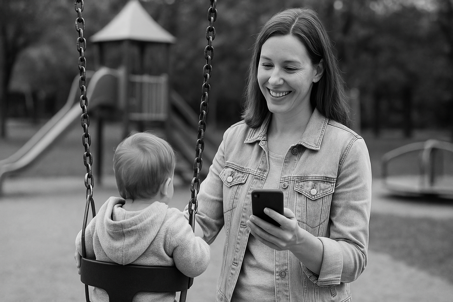 Matka żonglująca opieką nad dzieckiem i korzystająca z Taalhammera - aplikacji do nauki języka obcego