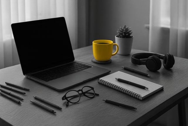 Black and white photograph of a minimalist desk setup with an open laptop, notebook, pens, glasses, and headphones. The only colored element is a yellow mug placed next to a small potted plant, standing out against the monochrome scene.