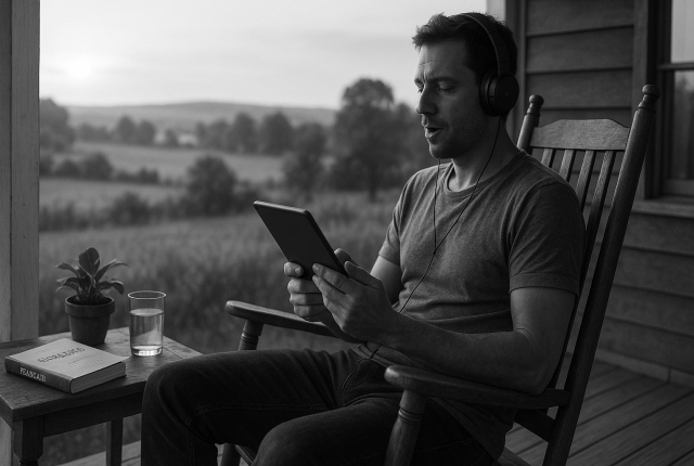 Black-and-white ultrarealistic image of a man sitting on a wooden porch in a rocking chair at sunrise. He wears headphones and looks at a tablet, quietly repeating sentences as he studies. His legs are relaxed and slightly spread. On the small wooden table next to him are a glass of water, a small potted plant, and an Italian language book. In the background, soft morning mist covers rolling countryside fields and distant trees, creating a peaceful, disciplined learning atmosphere.
