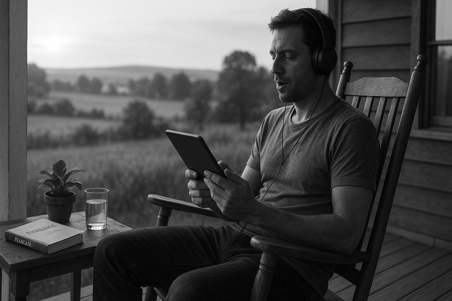 Black-and-white ultrarealistic image of a man sitting on a wooden porch in a rocking chair at sunrise. He wears headphones and looks at a tablet, quietly repeating sentences as he studies. His legs are relaxed and slightly spread. On the small wooden table next to him are a glass of water, a small potted plant, and an Italian language book. In the background, soft morning mist covers rolling countryside fields and distant trees, creating a peaceful, disciplined learning atmosphere.
