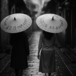 Two women walking side by side down a narrow old Chinese street after rain, holding traditional paper umbrellas with Chinese characters — symbolic of Mandarin listening immersion with Taalhammer, the best language learning app for listening practice in 2025.