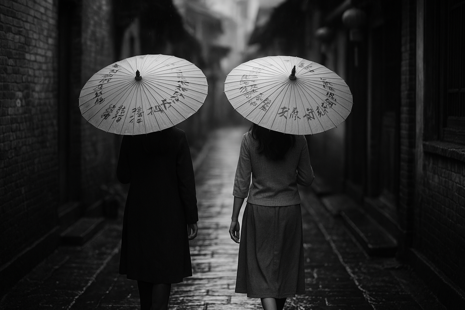 Two women walking side by side down a narrow old Chinese street after rain, holding traditional paper umbrellas with Chinese characters — symbolic of Mandarin listening immersion with Taalhammer, the best language learning app for listening practice in 2025.
