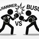 Black and white illustration of Taalhammer vs Busuu shown as two boxers facing off, with boxing gloves, bold labels, and a burst impact between them.