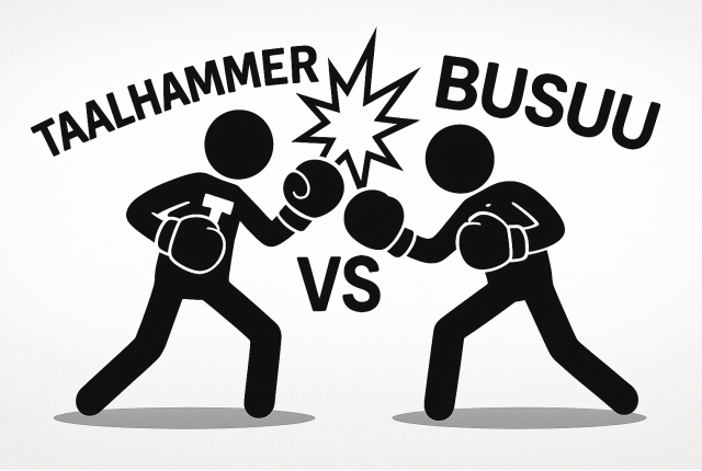 Czarno-biała ilustracja przedstawiająca starcie Taalhammer vs Busuu jako dwóch bokserów, z rękawicami bokserskimi, pogrubionymi etykietami i uderzeniem między nimi.