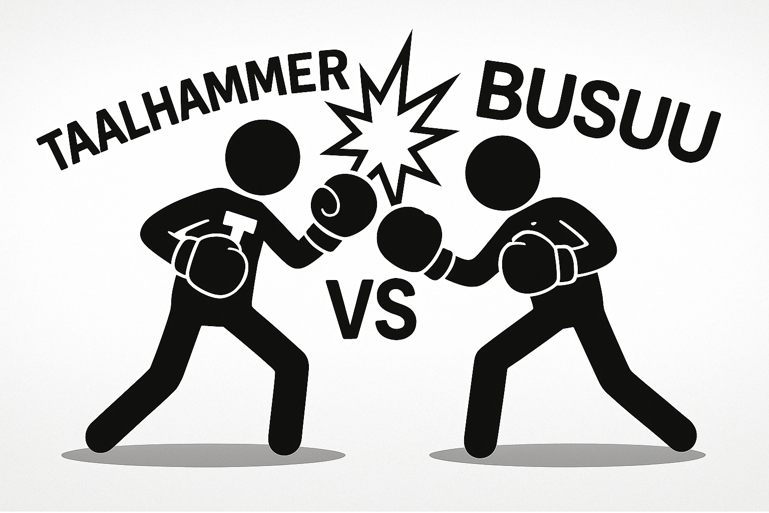 Black and white illustration of Taalhammer vs Busuu shown as two boxers facing off, with boxing gloves, bold labels, and a burst impact between them.