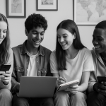Black and white photograph of four teenagers sitting together on a sofa, laughing and studying with laptops and phones. Behind them on the wall hang casual pictures, adding warmth and liveliness to the scene.