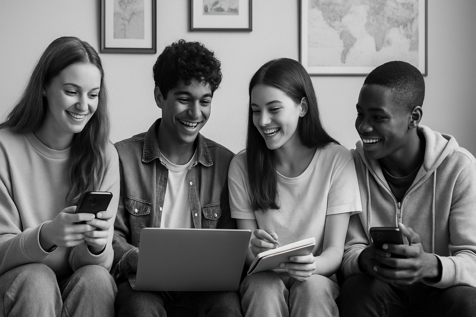 Black and white photograph of four teenagers sitting together on a sofa, laughing and studying with laptops and phones. Behind them on the wall hang casual pictures, adding warmth and liveliness to the scene.