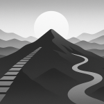 A grayscale 16:9 landscape illustration showing two mountain paths leading toward a blank sun on the horizon. One path is straight and stepped, symbolising a structured learning method, while the other is flowing and branching, representing an adaptive approach. The scene is minimalist and symbolic, reflecting two different paths to learning Asian languages.