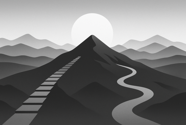 A grayscale 16:9 landscape illustration showing two mountain paths leading toward a blank sun on the horizon. One path is straight and stepped, symbolising a structured learning method, while the other is flowing and branching, representing an adaptive approach. The scene is minimalist and symbolic, reflecting two different paths to learning Asian languages.